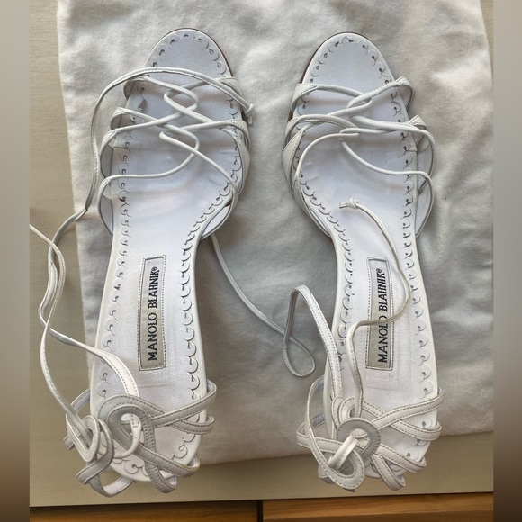 Manolo Blahnik ESPINASA Strappy Sandals Leather White Heels Shoes, 39/9B - Picture 2 of 12